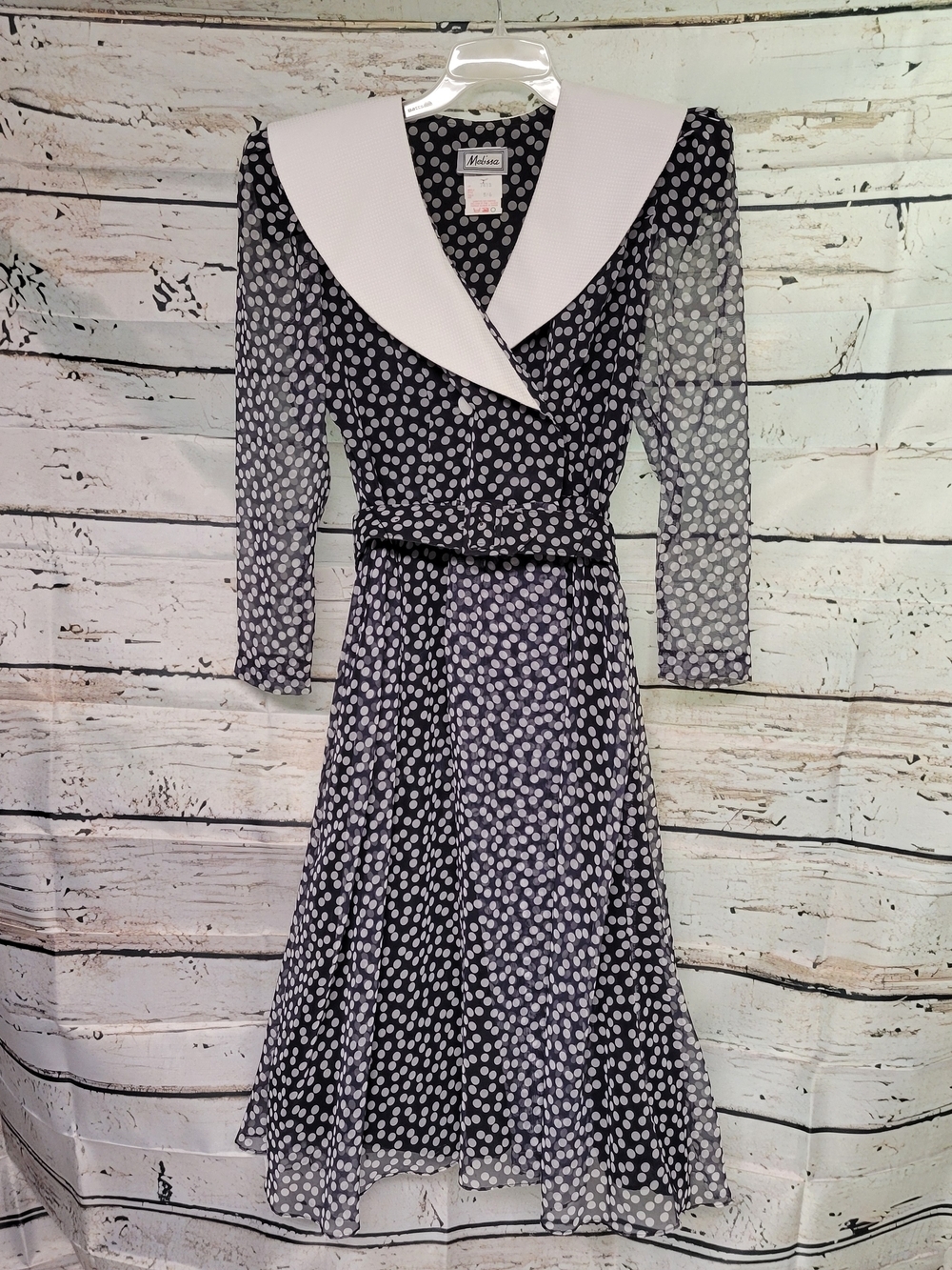 Vintage Melissa Polka Dot Dress White Sailor Collar Belted Size 5/6